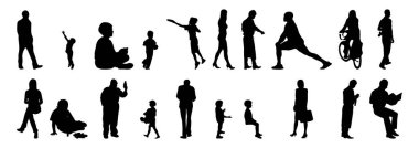 Vektör siluetleri, insanların ana hatları, Contour çizimleri, insanların siluetleri, ikon kümesi izole edilmiş, oturan insanların silueti, mimari set