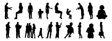 Vektör siluetleri, insanların ana hatları, Contour çizimleri, insanların siluetleri, ikon kümesi izole edilmiş, oturan insanların silueti, mimari set
