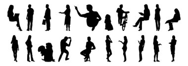 Vektör siluetleri, insanların ana hatları, Contour çizimleri, insanların siluetleri, ikon kümesi izole edilmiş, oturan insanların silueti, mimari set