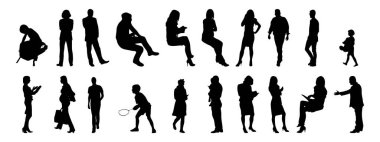 Vektör siluetleri, insanların ana hatları, Contour çizimleri, insanların siluetleri, ikon kümesi izole edilmiş, oturan insanların silueti, mimari set