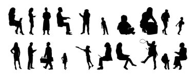 Vektör siluetleri, insanların ana hatları, Contour çizimleri, insanların siluetleri, ikon kümesi izole edilmiş, oturan insanların silueti, mimari set