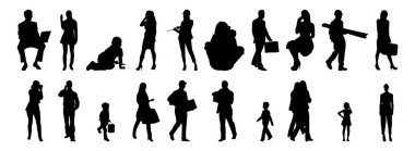 Vektör siluetleri, insanların ana hatları, Contour çizimleri, insanların siluetleri, ikon kümesi izole edilmiş, oturan insanların silueti, mimari set