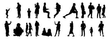 Vektör siluetleri, insanların ana hatları, Contour çizimleri, insanların siluetleri, ikon kümesi izole edilmiş, oturan insanların silueti, mimari set