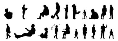 Vektör siluetleri, insanların ana hatları, Contour çizimleri, insanların siluetleri, ikon kümesi izole edilmiş, oturan insanların silueti, mimari set