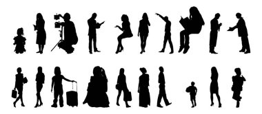 Vektör siluetleri, insanların ana hatları, Contour çizimleri, insanların siluetleri, ikon kümesi izole edilmiş, oturan insanların silueti, mimari set