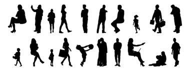 Vektör siluetleri, insanların ana hatları, Contour çizimleri, insanların siluetleri, ikon kümesi izole edilmiş, oturan insanların silueti, mimari set