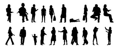 Vektör siluetleri, insanların ana hatları, Contour çizimleri, insanların siluetleri, ikon kümesi izole edilmiş, oturan insanların silueti, mimari set