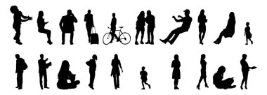 Vektör siluetleri, insanların ana hatları, Contour çizimleri, insanların siluetleri, ikon kümesi izole edilmiş, oturan insanların silueti, mimari set