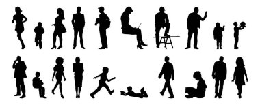 Vektör siluetleri, insanların ana hatları, Contour çizimleri, insanların siluetleri, ikon kümesi izole edilmiş, oturan insanların silueti, mimari set