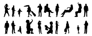 Vektör siluetleri, insanların ana hatları, Contour çizimleri, insanların siluetleri, ikon kümesi izole edilmiş, oturan insanların silueti, mimari set