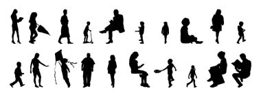 Vektör siluetleri, insanların ana hatları, Contour çizimleri, insanların siluetleri, ikon kümesi izole edilmiş, oturan insanların silueti, mimari set