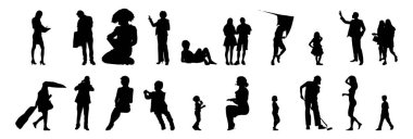 Vektör siluetleri, insanların ana hatları, Contour çizimleri, insanların siluetleri, ikon kümesi izole edilmiş, oturan insanların silueti, mimari set