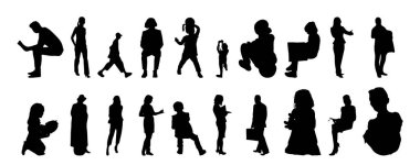 Vektör siluetleri, insanların ana hatları, Contour çizimleri, insanların siluetleri, ikon kümesi izole edilmiş, oturan insanların silueti, mimari set