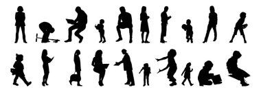 Vektör siluetleri, insanların ana hatları, Contour çizimleri, insanların siluetleri, ikon kümesi izole edilmiş, oturan insanların silueti, mimari set