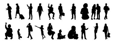 Vektör siluetleri, insanların ana hatları, Contour çizimleri, insanların siluetleri, ikon kümesi izole edilmiş, oturan insanların silueti, mimari set