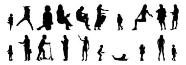 Vektör siluetleri, insanların ana hatları, Contour çizimleri, insanların siluetleri, ikon kümesi izole edilmiş, oturan insanların silueti, mimari set