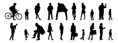 Vektör siluetleri, insanların ana hatları, Contour çizimleri, insanların siluetleri, ikon kümesi izole edilmiş, oturan insanların silueti, mimari set