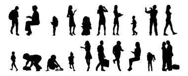 Vektör siluetleri, insanların ana hatları, Contour çizimleri, insanların siluetleri, ikon kümesi izole edilmiş, oturan insanların silueti, mimari set