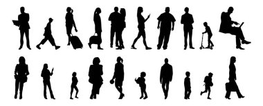 Vektör siluetleri, insanların ana hatları, Contour çizimleri, insanların siluetleri, ikon kümesi izole edilmiş, oturan insanların silueti, mimari set