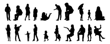 Vektör siluetleri, insanların ana hatları, Contour çizimleri, insanların siluetleri, ikon kümesi izole edilmiş, oturan insanların silueti, mimari set