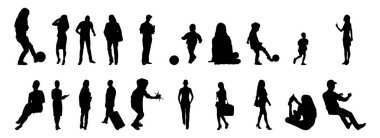 Vektör siluetleri, insanların ana hatları, Contour çizimleri, insanların siluetleri, ikon kümesi izole edilmiş, oturan insanların silueti, mimari set