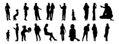 Vektör siluetleri, insanların ana hatları, Contour çizimleri, insanların siluetleri, ikon kümesi izole edilmiş, oturan insanların silueti, mimari set