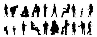 Vektör siluetleri, insanların ana hatları, Contour çizimleri, insanların siluetleri, ikon kümesi izole edilmiş, oturan insanların silueti, mimari set