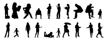 Vektör siluetleri, insanların ana hatları, Contour çizimleri, insanların siluetleri, ikon kümesi izole edilmiş, oturan insanların silueti, mimari set