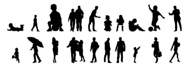 Vektör siluetleri, insanların ana hatları, Contour çizimleri, insanların siluetleri, ikon kümesi izole edilmiş, oturan insanların silueti, mimari set