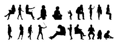 Vektör siluetleri, insanların ana hatları, Contour çizimleri, insanların siluetleri, ikon kümesi izole edilmiş, oturan insanların silueti, mimari set