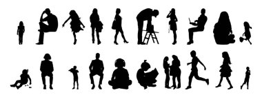 Vektör siluetleri, insanların ana hatları, Contour çizimleri, insanların siluetleri, ikon kümesi izole edilmiş, oturan insanların silueti, mimari set