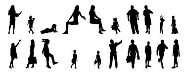 Vektör siluetleri, insanların ana hatları, Contour çizimleri, insanların siluetleri, ikon kümesi izole edilmiş, oturan insanların silueti, mimari set