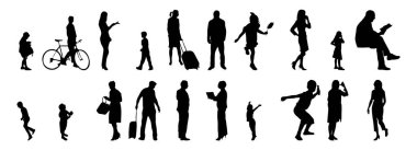 Vektör siluetleri, insanların ana hatları, Contour çizimleri, insanların siluetleri, ikon kümesi izole edilmiş, oturan insanların silueti, mimari set