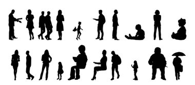 Vektör siluetleri, insanların ana hatları, Contour çizimleri, insanların siluetleri, ikon kümesi izole edilmiş, oturan insanların silueti, mimari set