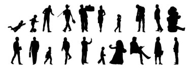 Vektör siluetleri, insanların ana hatları, Contour çizimleri, insanların siluetleri, ikon kümesi izole edilmiş, oturan insanların silueti, mimari set