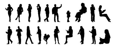 Vektör siluetleri, insanların ana hatları, Contour çizimleri, insanların siluetleri, ikon kümesi izole edilmiş, oturan insanların silueti, mimari set