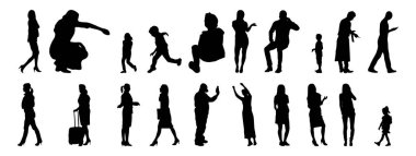 Vektör siluetleri, insanların ana hatları, Contour çizimleri, insanların siluetleri, ikon kümesi izole edilmiş, oturan insanların silueti, mimari set