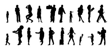 Vektör siluetleri, insanların ana hatları, Contour çizimleri, insanların siluetleri, ikon kümesi izole edilmiş, oturan insanların silueti, mimari set