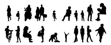 Vektör siluetleri, insanların ana hatları, Contour çizimleri, insanların siluetleri, ikon kümesi izole edilmiş, oturan insanların silueti, mimari set