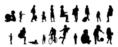 Vektör siluetleri, insanların ana hatları, Contour çizimleri, insanların siluetleri, ikon kümesi izole edilmiş, oturan insanların silueti, mimari set