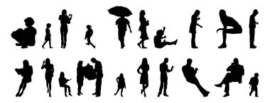 Vektör siluetleri, insanların ana hatları, Contour çizimleri, insanların siluetleri, ikon kümesi izole edilmiş, oturan insanların silueti, mimari set