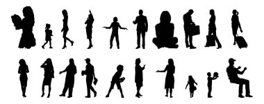 Vektör siluetleri, insanların ana hatları, Contour çizimleri, insanların siluetleri, ikon kümesi izole edilmiş, oturan insanların silueti, mimari set