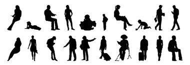 Vektör siluetleri, insanların ana hatları, Contour çizimleri, insanların siluetleri, ikon kümesi izole edilmiş, oturan insanların silueti, mimari set