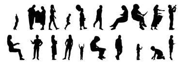 Vektör siluetleri, insanların ana hatları, Contour çizimleri, insanların siluetleri, ikon kümesi izole edilmiş, oturan insanların silueti, mimari set