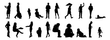 Vektör siluetleri, insanların ana hatları, Contour çizimleri, insanların siluetleri, ikon kümesi izole edilmiş, oturan insanların silueti, mimari set