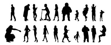 Vektör siluetleri, insanların ana hatları, Contour çizimleri, insanların siluetleri, ikon kümesi izole edilmiş, oturan insanların silueti, mimari set