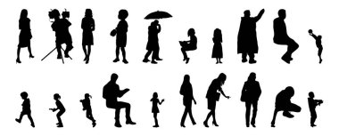 Vektör siluetleri, insanların ana hatları, Contour çizimleri, insanların siluetleri, ikon kümesi izole edilmiş, oturan insanların silueti, mimari set