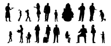 Vektör siluetleri, insanların ana hatları, Contour çizimleri, insanların siluetleri, ikon kümesi izole edilmiş, oturan insanların silueti, mimari set