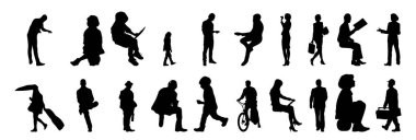 Vektör siluetleri, insanların ana hatları, Contour çizimleri, insanların siluetleri, ikon kümesi izole edilmiş, oturan insanların silueti, mimari set