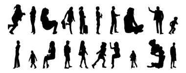 Vektör siluetleri, insanların ana hatları, Contour çizimleri, insanların siluetleri, ikon kümesi izole edilmiş, oturan insanların silueti, mimari set